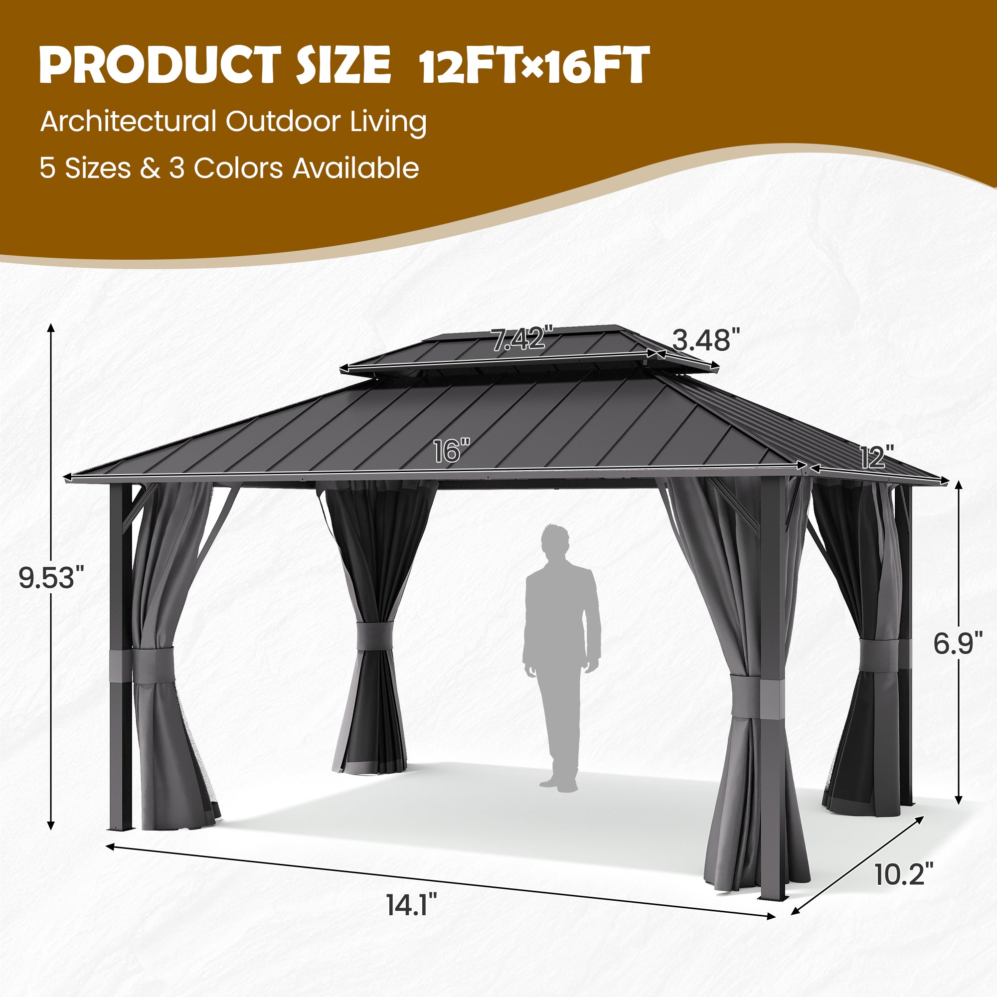UDPATIO 12'x16' Permanent Hardtop Gazebo with Galvanized Steel Double Roof for Patio Backyard Garden, Curtains and Netting Included, Grey