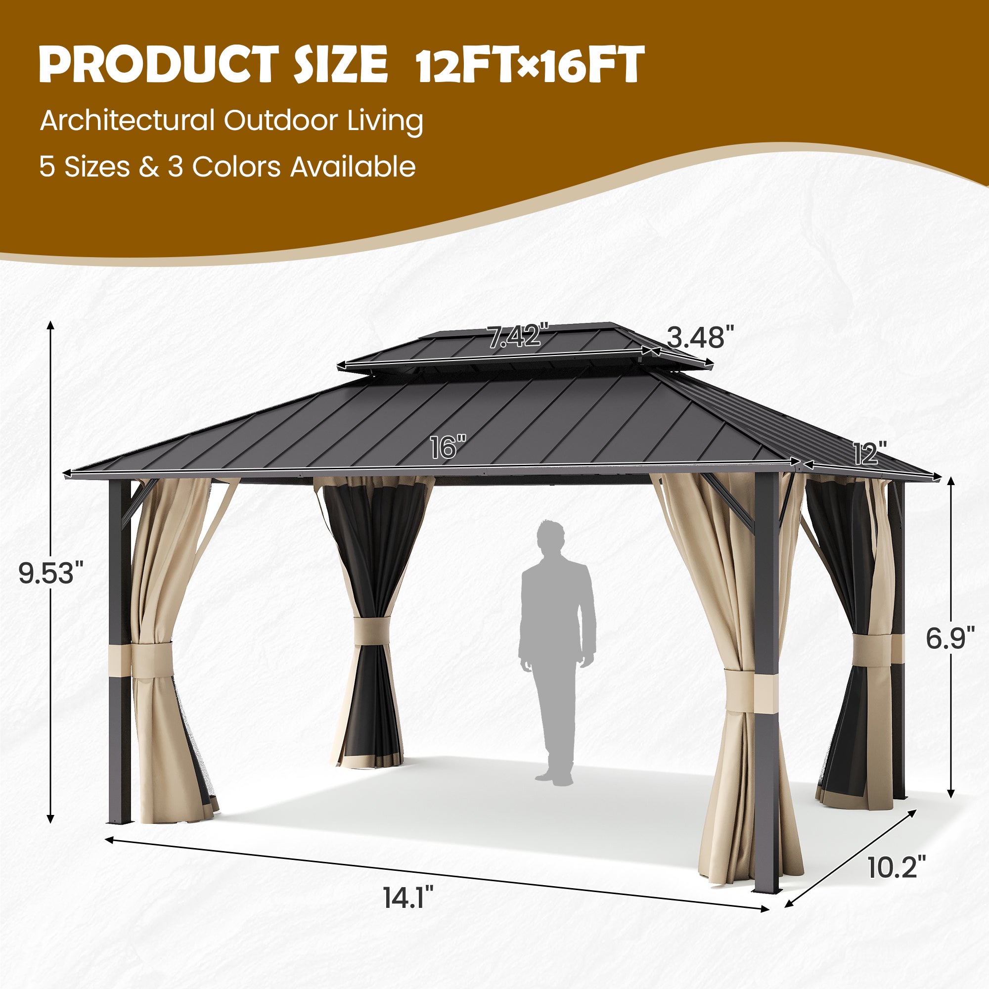 UDPATIO 12'x16' Permanent Hardtop Gazebo with Galvanized Steel Double Roof for Patio Backyard Garden, Curtains and Netting Included, Beige