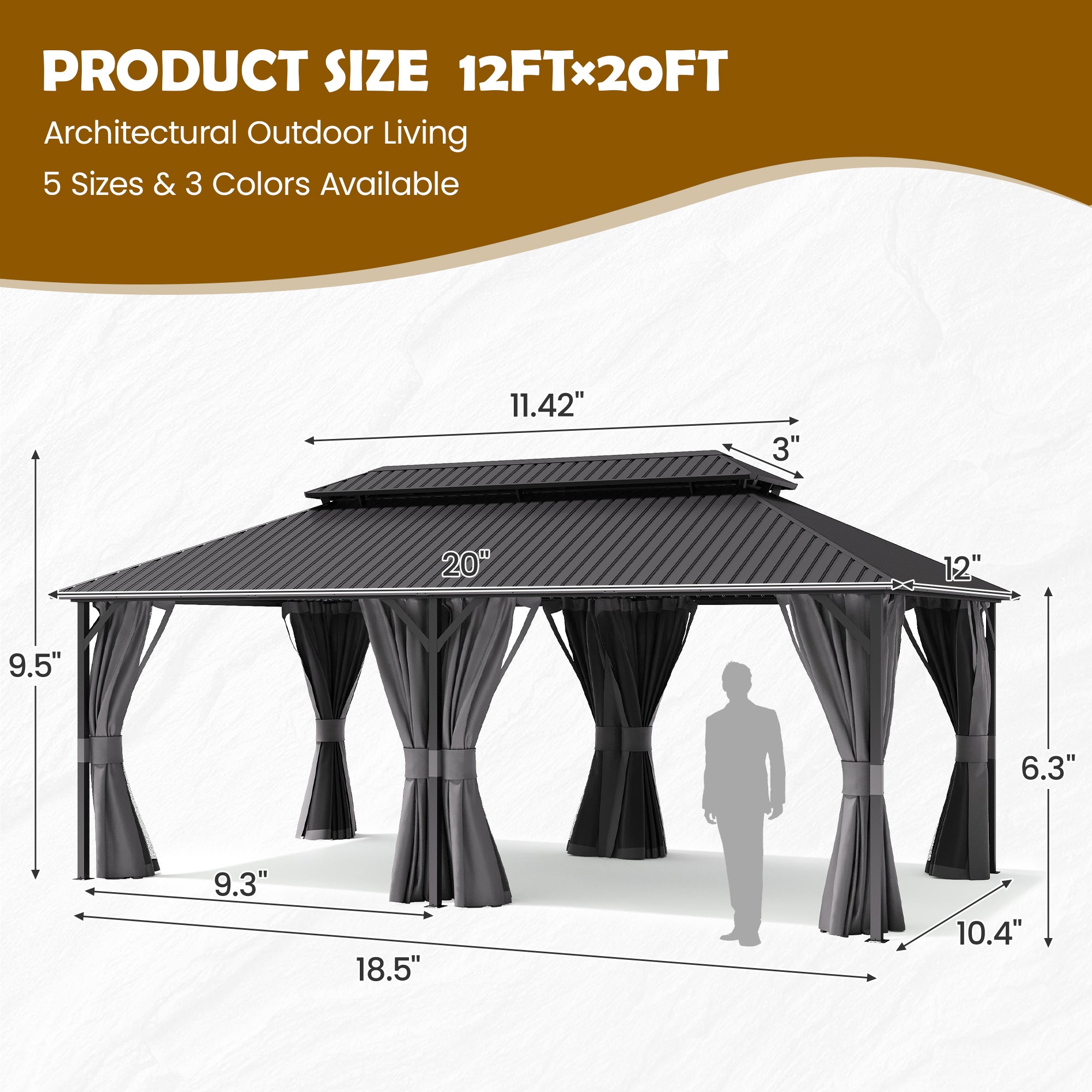 UDPATIO 12'x20' Hardtop Gazebo, Outdoor Metal Gazebo with Galvanized Steel Double Roof, Permanent Pavilion with Netting and Curtains for Lawn, Garden, Patio, Grey