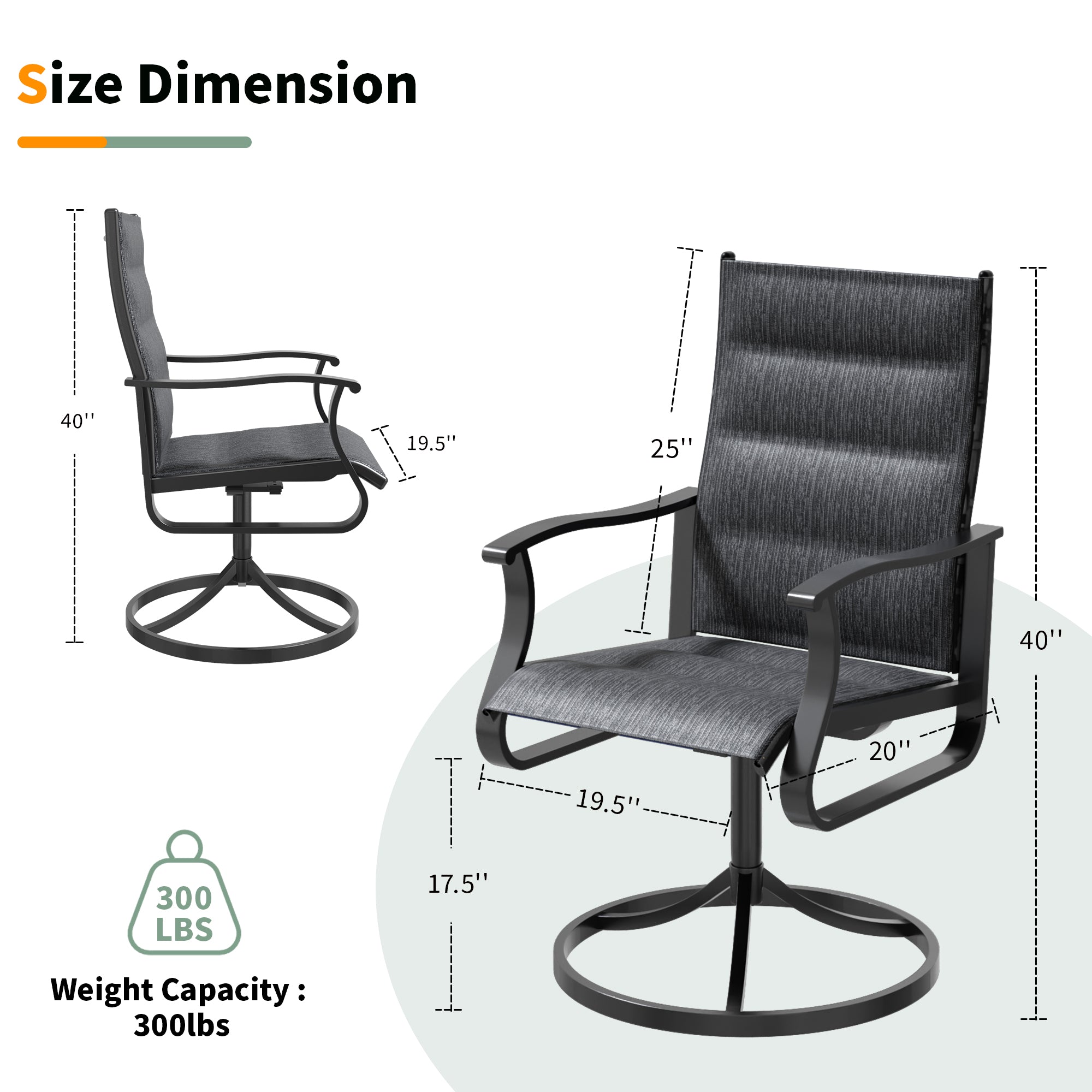 UDPATIO Swivel Patio Chairs Set of 4, Outdoor Swivel Rocker Patio Chairs with High Back, All Weather Textilene & Metal Frame for Backyard, Lawn, Porch, Pooside or Garden, Dark Grey - Padded