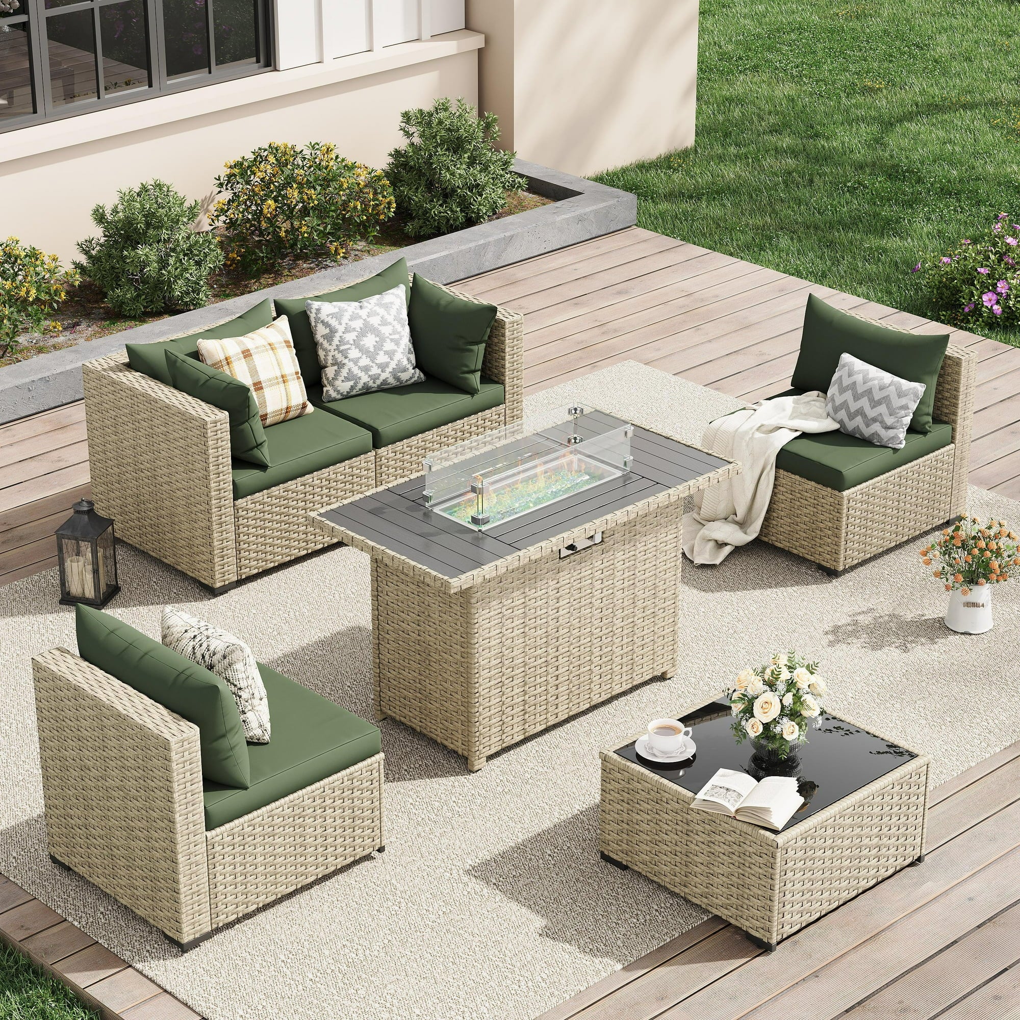 UDPATIO 5 Pieces Outdoor Patio Furniture Set with 44" Fire Pit Table, Outdoor Wicker Patio Conversation Set with Cushions for Backyard, Porch, Garden(Green)