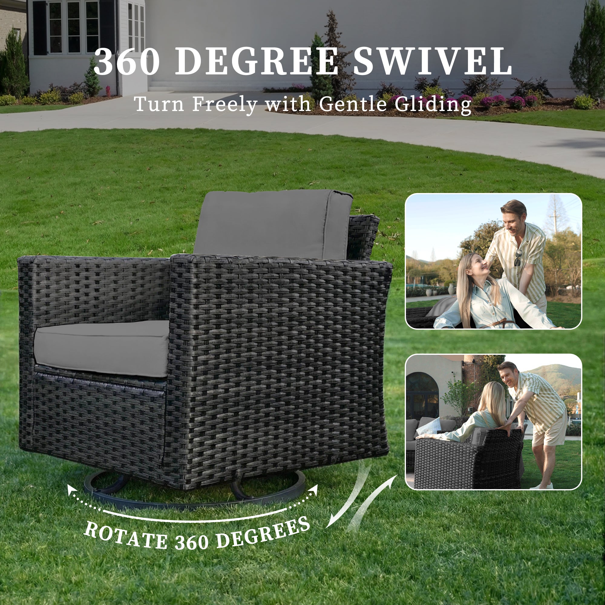 UDPATIO Patio Furniture Set, 5 Pieces Outdoor Conversation Sets with Rocking Swivel Chairs, Wicker Rattan Outdoor Sofa Set with Storage Table and Waterproof Covers for Backyard, Deck, Porch, Grey