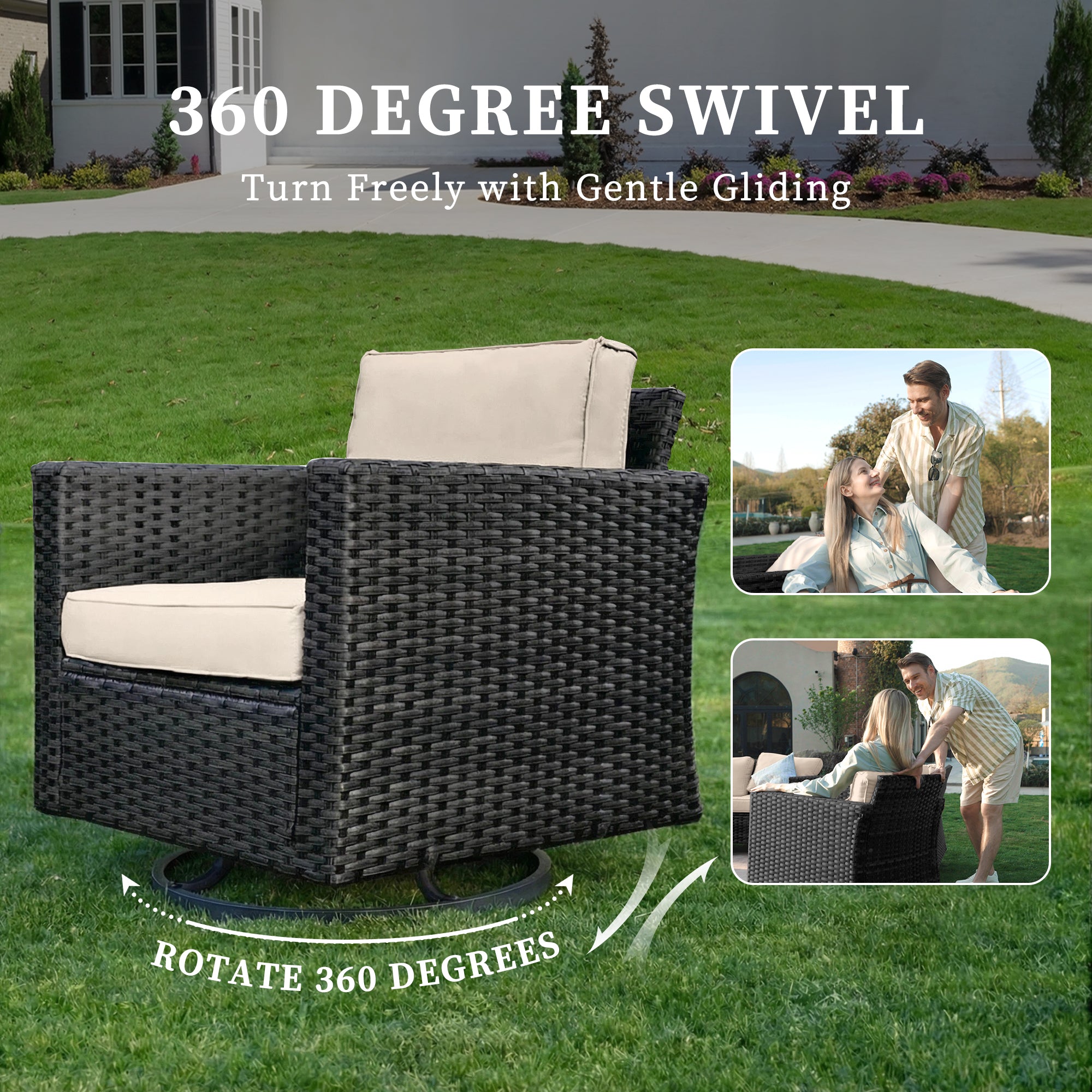 UDPATIO Patio Furniture Set with Fire Pit Table, Rocking Swivel Chairs, 5 Pieces Outdoor Furniture Sets, All-Weather Wicker Outdoor Sectional Sofa with Waterproof Cover, 4'' Thickened Cushion, Khak