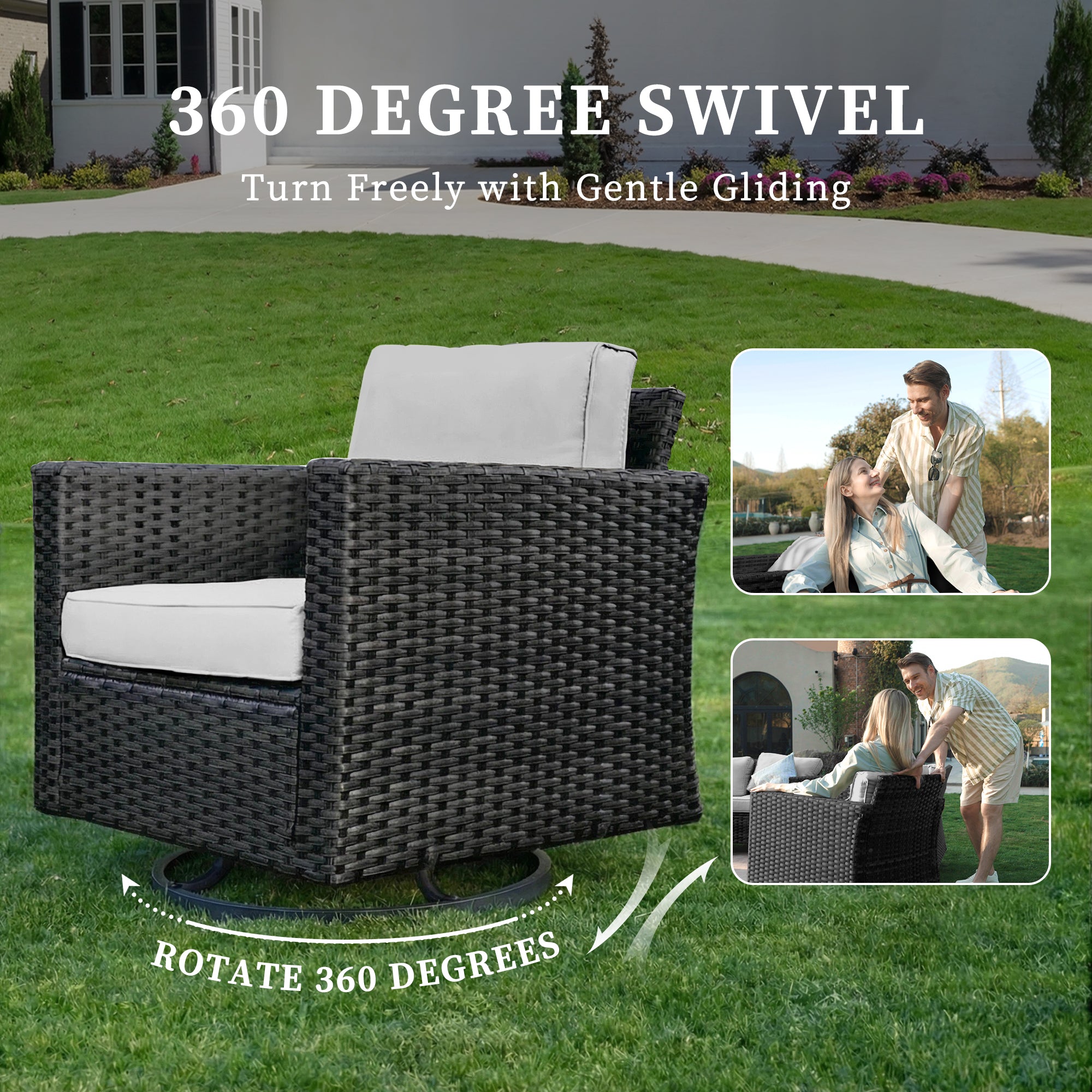 UDPATIO Patio Furniture Set with Fire Pit Table, Rocking Swivel Chairs, 5 Pieces Outdoor Furniture Sets, All-Weather Wicker Outdoor Sectional Sofa with Cover, 4'' Thickened Cushion, Light Grey