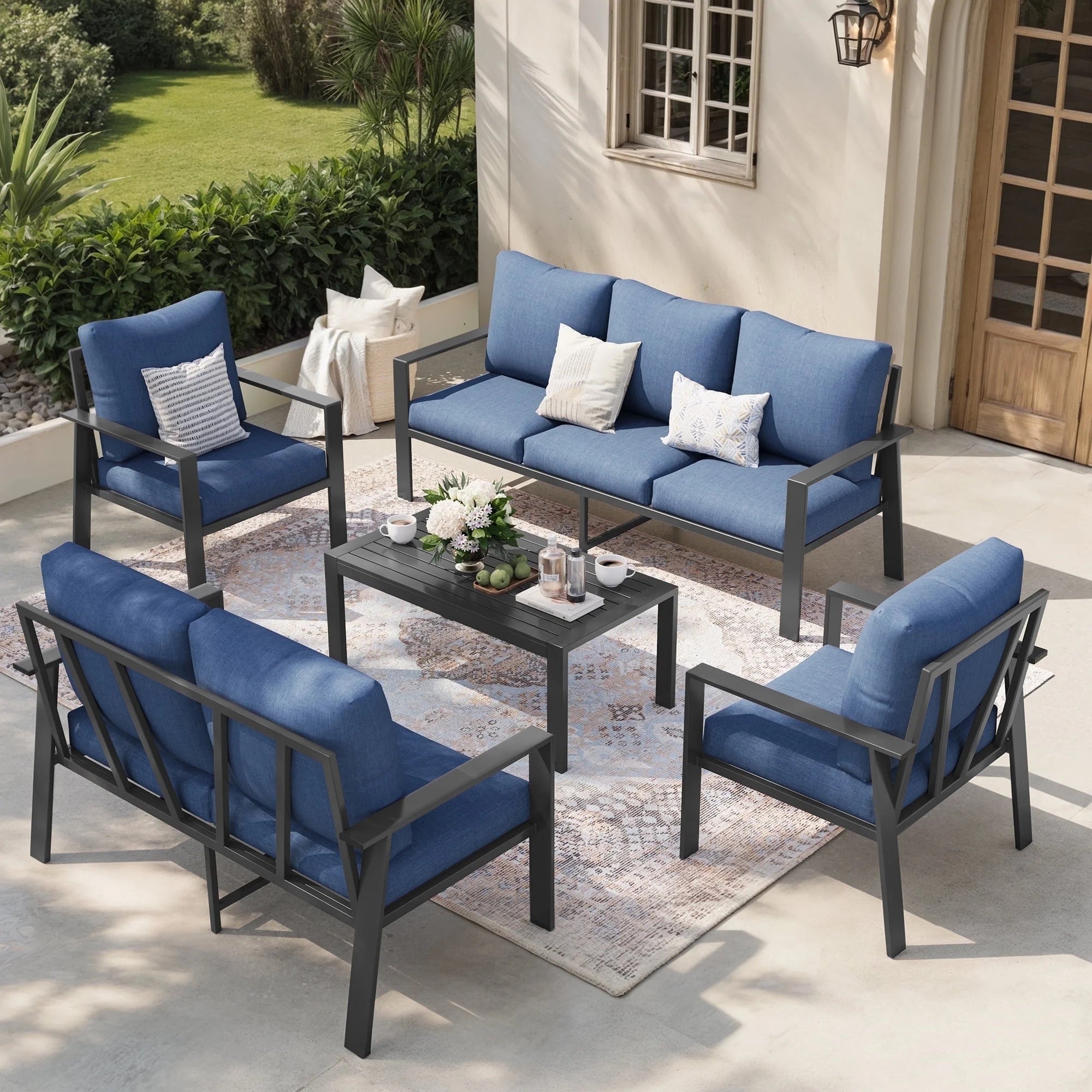 Aluminum Outdoor Patio Furniture Set 7-Seat Metal Patio Conversation Sets with Coffee Table and Water-Resistant Cushions , Modern Patio Sectional Sofa for Porch, Deck, Backyard, Poolside