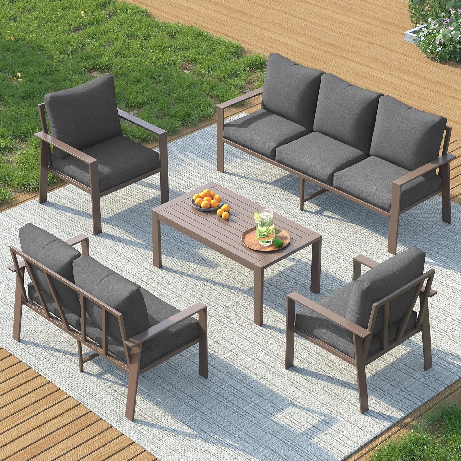 Aluminum Outdoor Patio Furniture Set 7-Seat Metal Patio Conversation Sets with Coffee Table and Water-Resistant Cushions , Modern Patio Sectional Sofa for Porch, Deck, Backyard, Poolside