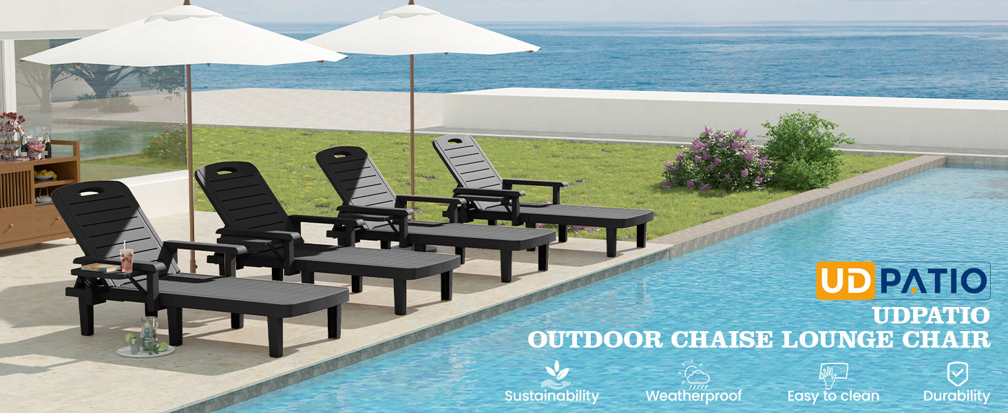 UDPATIO Oversized Pool Lounge Chairs Set of 2, Waterproof Resin Pool Chaise Lounges with Armrests and Cup Holder Tray, 5 Level Adjustable Backrest, for Poolsode, Lawn, Beach, Backyard