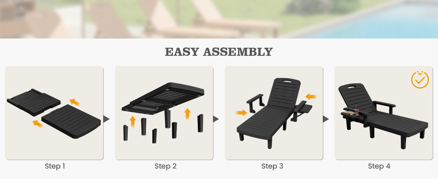 UDPATIO Oversized Pool Lounge Chairs Set of 2, Waterproof Resin Pool Chaise Lounges with Armrests and Cup Holder Tray, 5 Level Adjustable Backrest, for Poolsode, Lawn, Beach, Backyard