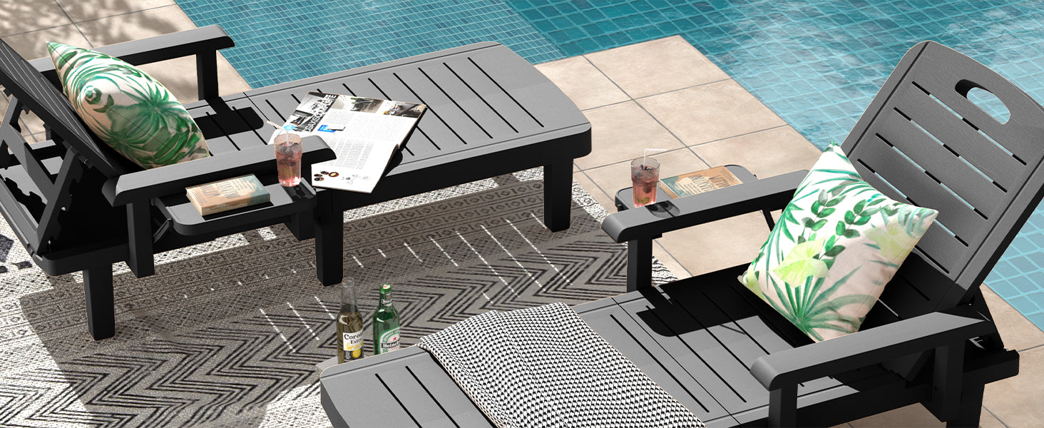 UDPATIO Oversized Pool Lounge Chairs Set of 2, Waterproof Resin Pool Chaise Lounges with Armrests and Cup Holder Tray, 5 Level Adjustable Backrest, for Poolsode, Lawn, Beach, Backyard