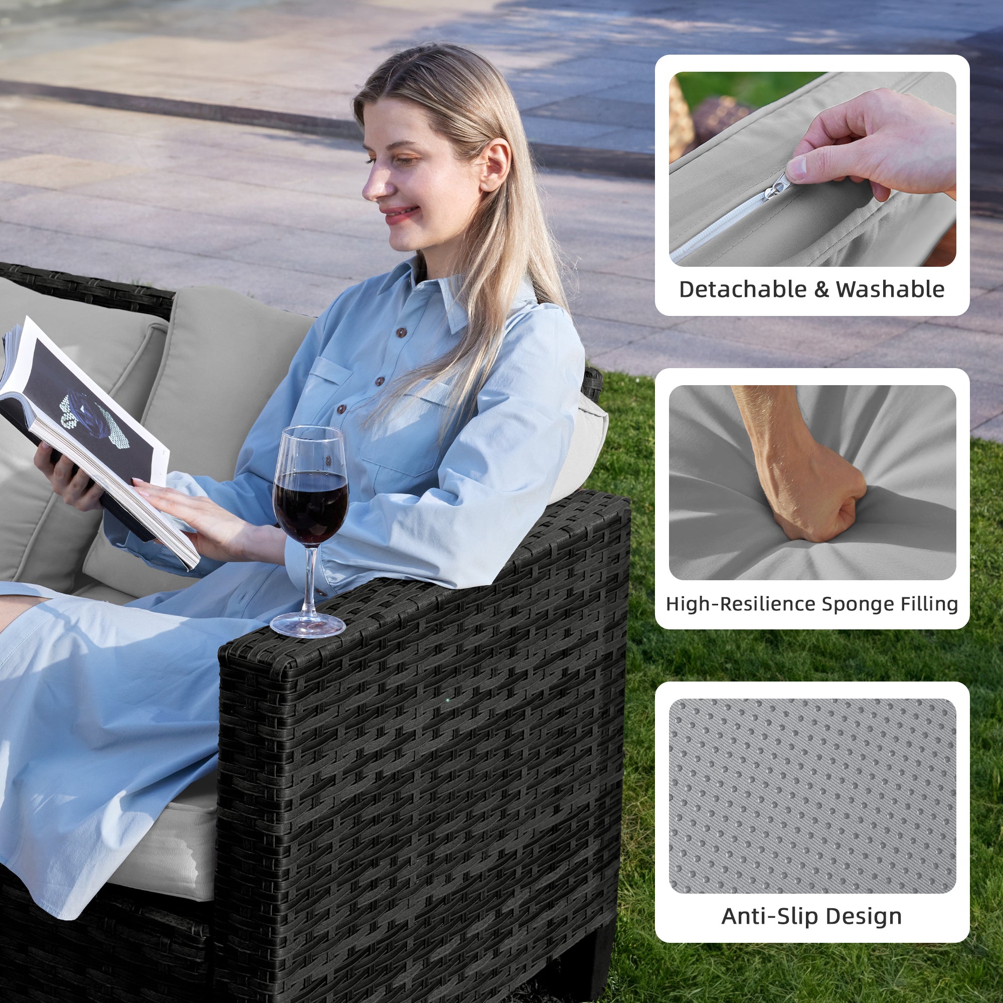 UDPATIO Patio Furniture Set with Fire Pit Table, Rocking Swivel Chairs, 5 Pieces Outdoor Furniture Sets, All-Weather Wicker Outdoor Sectional Sofa with Cover, 4'' Thickened Cushion, Light Grey