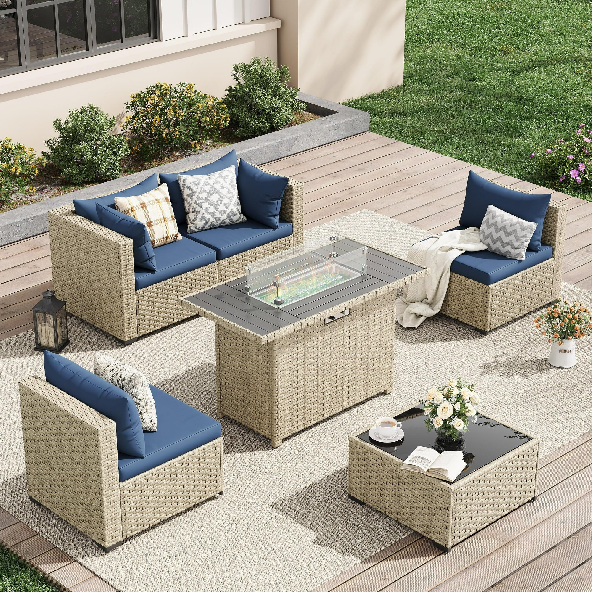 UDPATIO 5 Pieces Outdoor Patio Furniture Set with 44" Fire Pit Table, Outdoor Wicker Patio Conversation Set with Cushions for Backyard, Porch, Garden(Navy Blue)