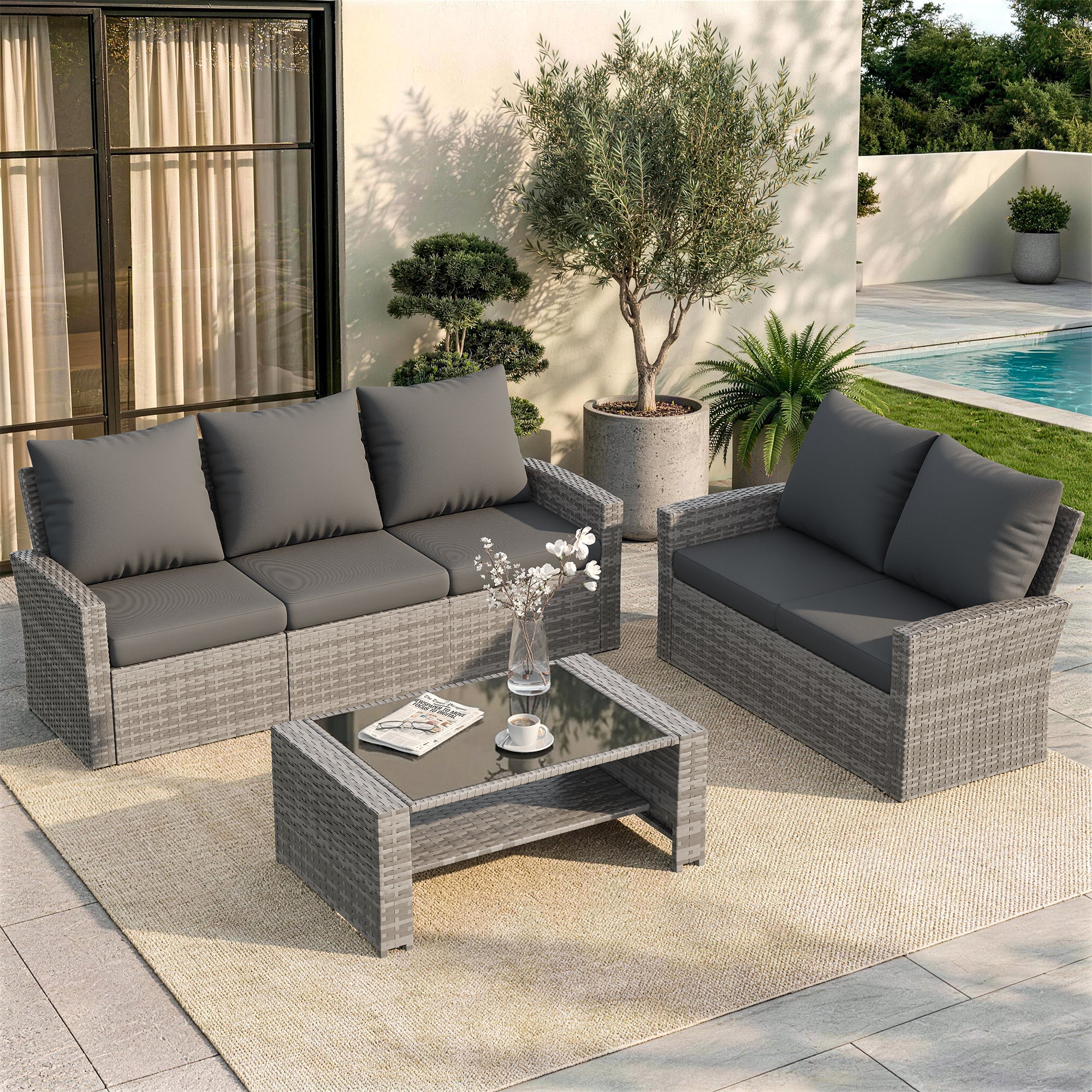 UDPATIO Wicker Patio Furniture Set，Gray PE Rattan Patio Sofa Set with coffee table,Outdoor Sectional Conversation Sets for Balcony, Porch, Backyard, Gray