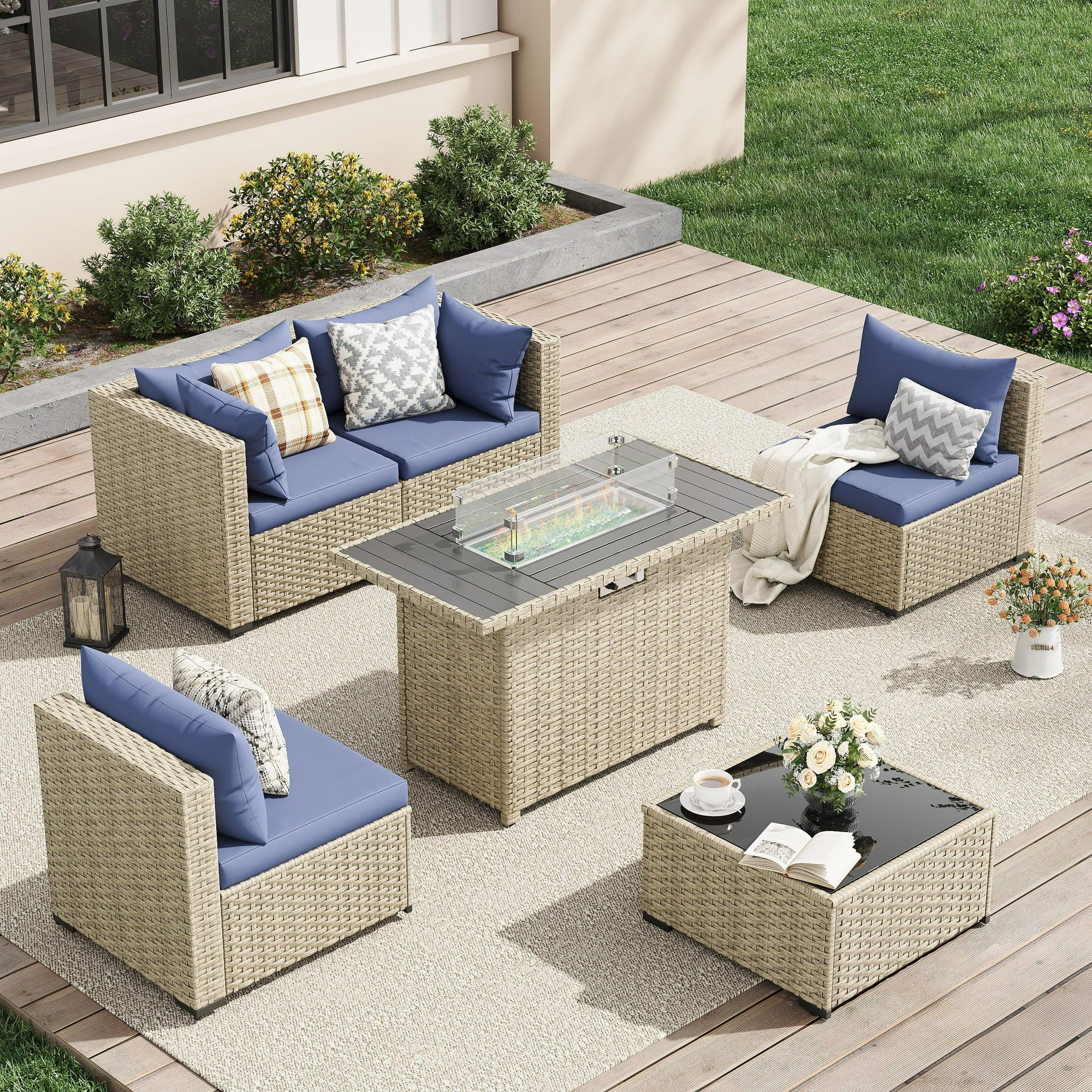 UDPATIO 5 Pieces Outdoor Patio Furniture Set with 44" Fire Pit Table, Outdoor Wicker Patio Conversation Set with Cushions for Backyard, Porch, Garden(Haze Blue)