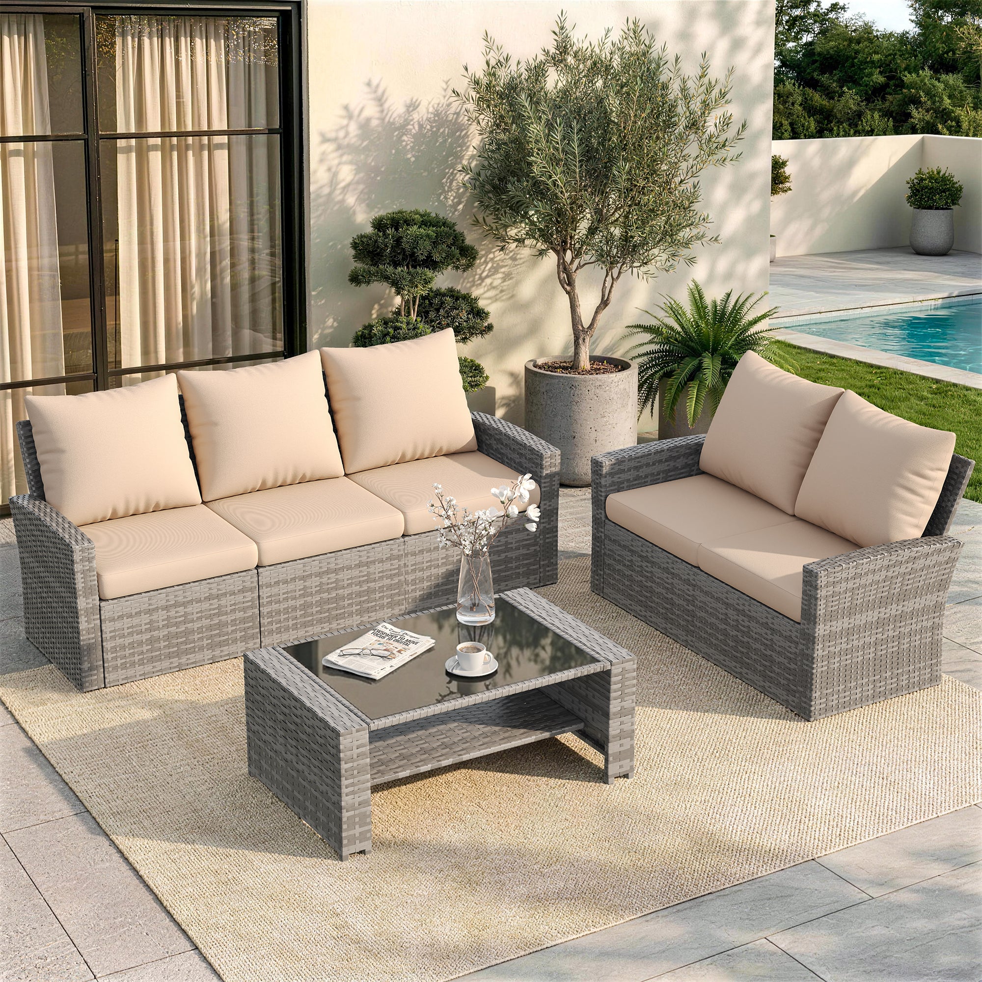 UDPATIO Wicker Patio Furniture Set，Gray PE Rattan Patio Sofa Set with coffee table，Multi-person Outdoor Sectional Conversation Sets for Balcony, Porch, Backyard, Beige