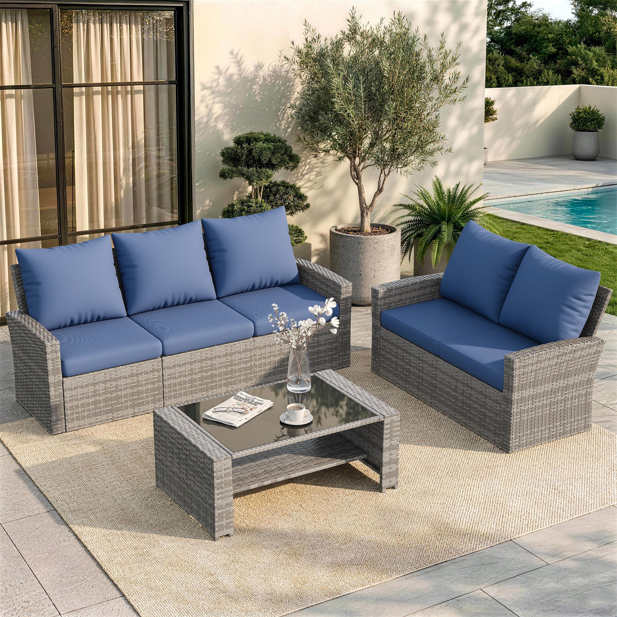UDPATIO Wicker Patio Furniture Set，Gray PE Rattan Patio Sofa Set with coffee table，Outdoor Sectional Conversation Sets for Balcony, Porch, Backyard, Navy