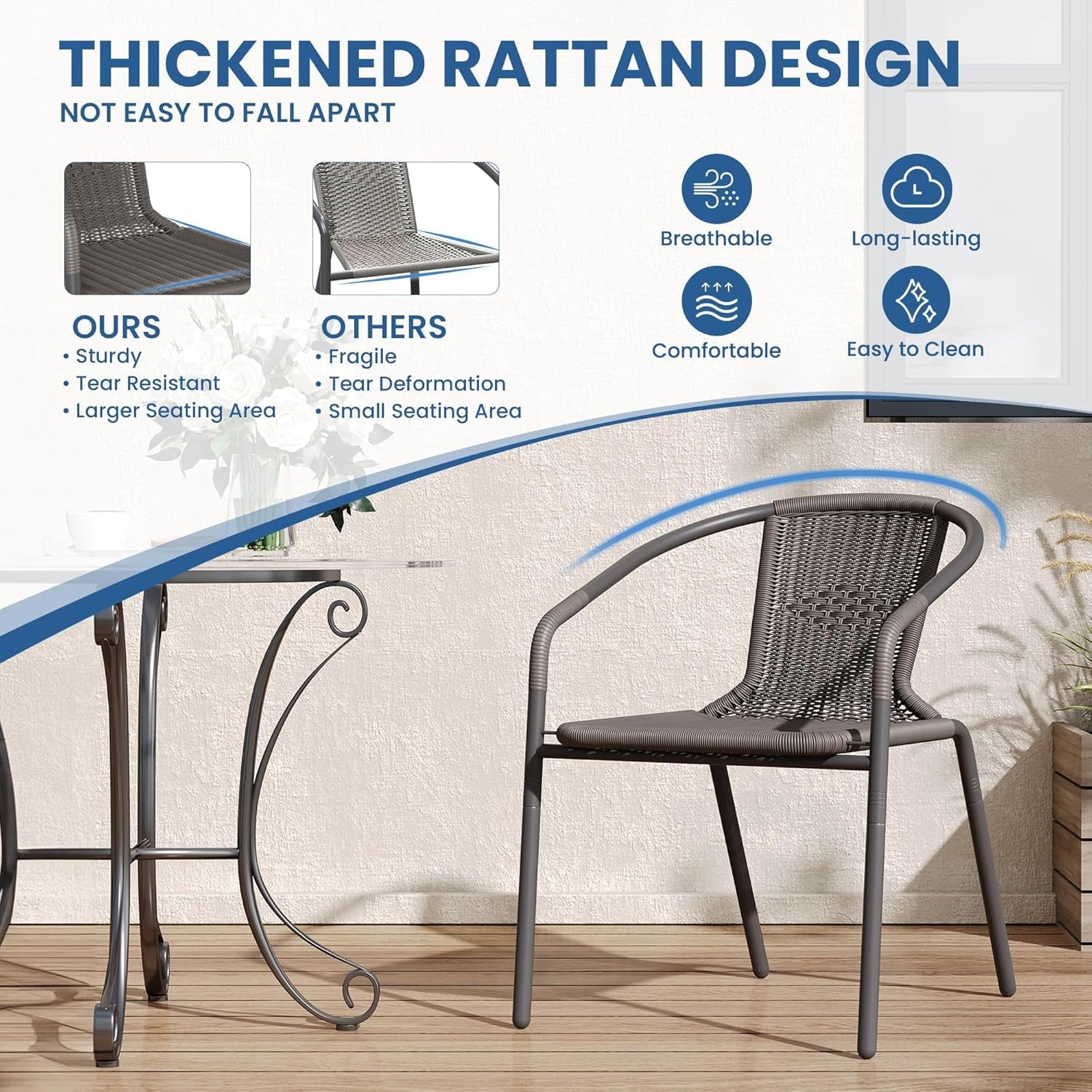 UDPATIO Rattan Outdoor Dining Chairs Set of 4, Wicker Stackable Patio Chairs, for Indoor Restaurant Porch, Grey