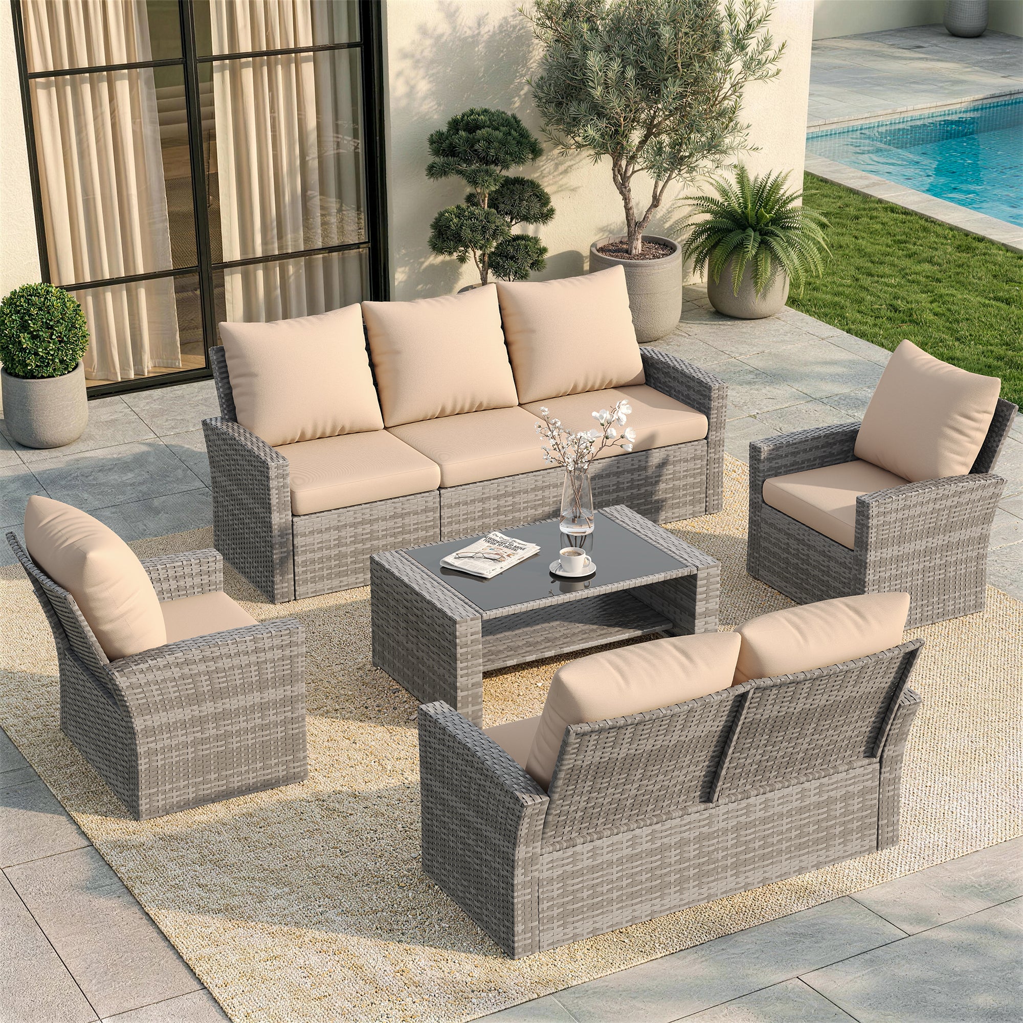 UDPATIO 5-piece Wicker Patio Furniture Set，Multiple combination sofa sets,Gray PE Rattan Patio Sofa Set for Balcony, Porch, Backyard, Beige