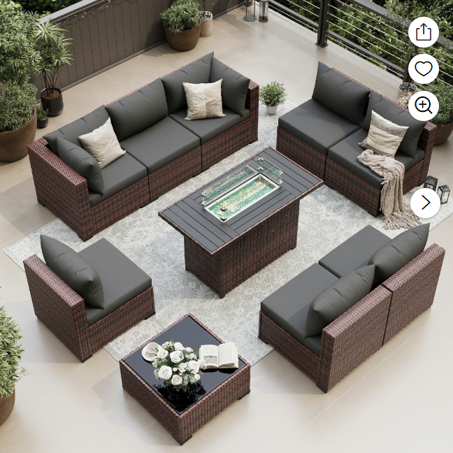 UDPATIO Patio Furniture Sets, Modular Rattan Outdoor Patio Sectional Furniture with 44" Fire Pit Table,, Wicker Patio Conversation Set for Backyard, Deck, Poolside w/Glass Coffee Table, 9PC Grey