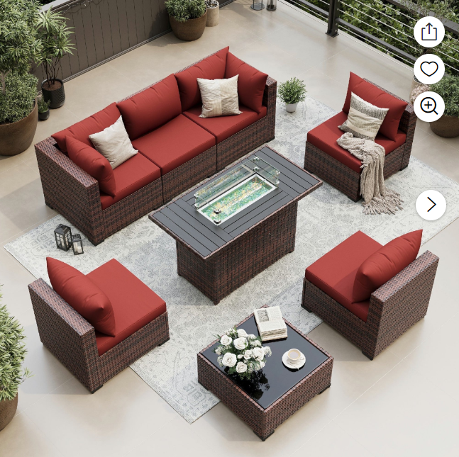 UDPATIO Patio Furniture Sets, Modular Rattan Outdoor Patio Sectional Furniture with 44" Fire Pit Table,, Wicker Patio Conversation Set for Backyard, Deck, Poolside w/Glass Coffee Table, 7PC Wine Red