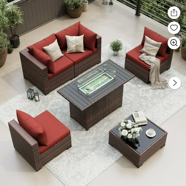 UDPATIO Patio Furniture Sets, Modular Rattan Outdoor Patio Sectional Furniture with 44" Fire Pit Table,, Wicker Patio Conversation Set for Backyard, Deck, Poolside w/Glass Coffee Table, 5PC Wine Red