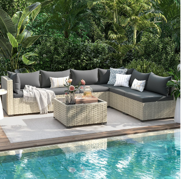 UDPATIO 7-Piece Outdoor Wicker Patio Furniture Set with Cushions for Backyard, Porch, Garden, Gray