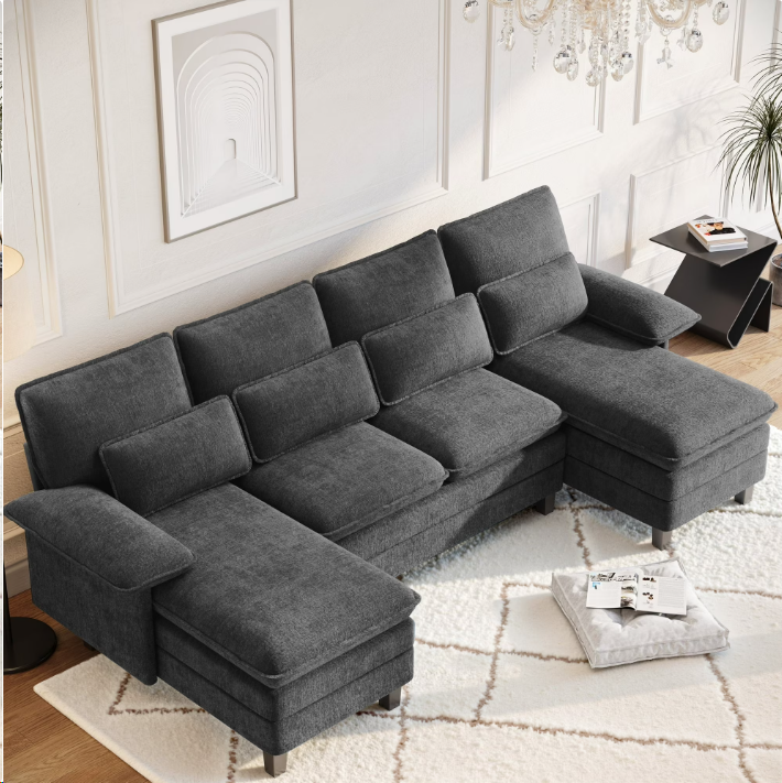 FIONA'S MAGIC Modern U-Shaped Sectional Sofa with Double Chaise & Movable Ottomans, 4-Seat Chenille Fabric Couch for Living Room, Dark Grey