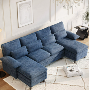 FIONA'S MAGIC Modern U-Shaped Sectional Sofa with Double Chaise & Movable Ottomans, 4-Seat Chenille Fabric Couch for Living Room, Blue