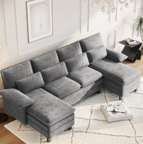 FIONA'S MAGIC Modern U-Shaped Sectional Sofa with Double Chaise & Movable Ottomans, 4-Seat Chenille Fabric Couch for Living Room, Light Grey