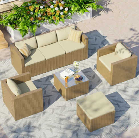 UDPATIO 7-Piece Patio Furniture Set Outdoor Sectional Sofa Set,Outdoor Patio Furniture Set with Ottoman, Single Chair, Cushions & Glass Table for Garden & Backyard,Cream White
