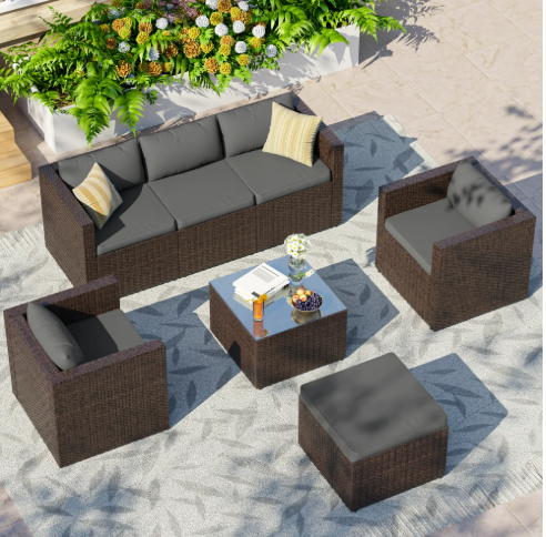 UDPATIO 7-Piece Patio Furniture Set Outdoor Sectional Sofa Set,Outdoor Patio Furniture Set with Ottoman, Single Chair, Cushions & Glass Table for Garden & Backyard, Gray