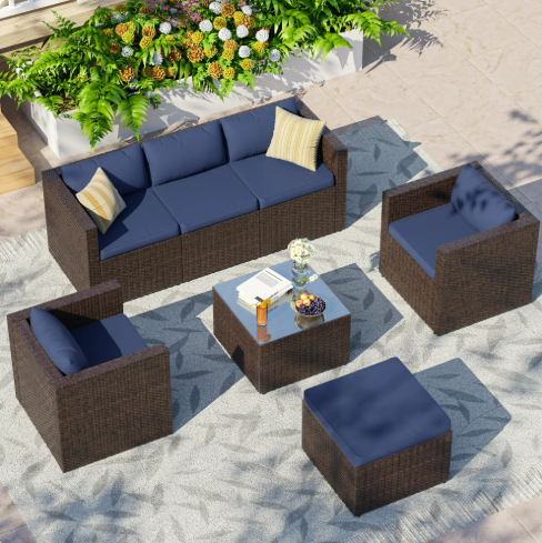 UDPATIO 7-Piece Patio Furniture Set Outdoor Sectional Sofa Set,Outdoor Patio Furniture Set with Ottoman, Single Chair, Cushions & Glass Table for Garden & Backyard,Navy Blue