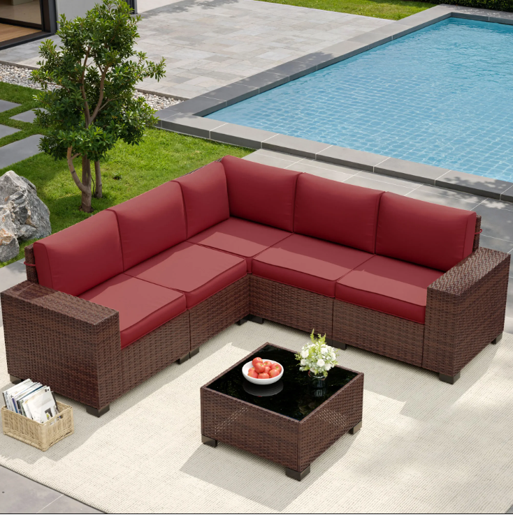 UDPATIO 6-Piece Patio Furniture Set, Outdoor Patio Sofa Set With Wide Armrest, All-Weather Wicker Rattan Guest Set With Cushion And Glass Table And Waterproof Cover,Brown & Wine Red