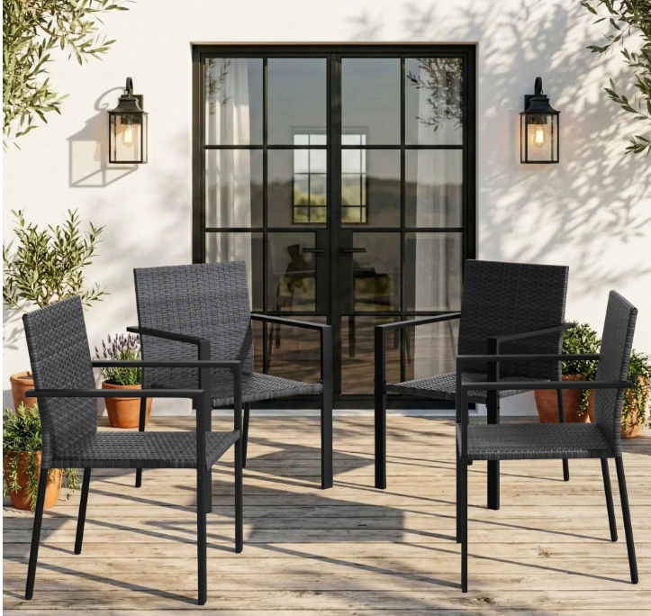 UDPATIO Patio Dining Chairs Set of 4 Stackable Outdoor Wicker Dining Chairs, All-Weather Patio Armchairs with Armrests, Rustproof Steel Frame, Ergonomic Comfort for Backyard, Deck, Garden,Black