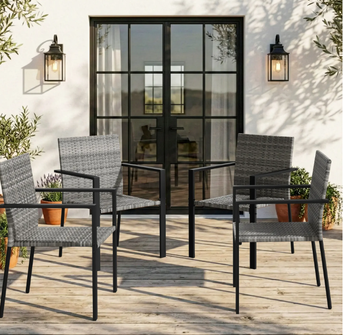 UDPATIO Patio Dining Chairs Set of 4 Stackable Outdoor Wicker Dining Chairs, All-Weather Patio Armchairs with Armrests, Rustproof Steel Frame, Grey
