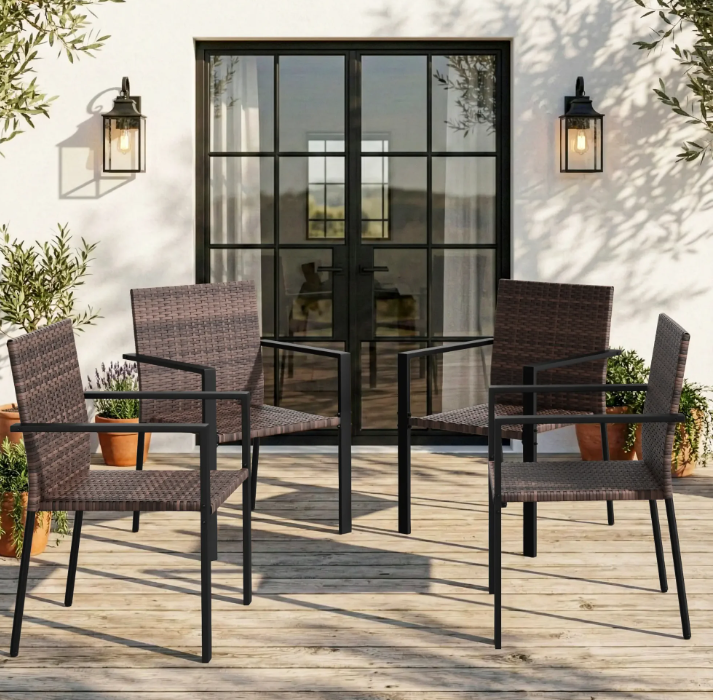 UDPATIO Patio Dining Chairs Set of 4 Stackable Outdoor Wicker Dining Chairs, All-Weather Patio Armchairs with Armrests, Rustproof Steel Frame, Ergonomic Comfort for Backyard, Deck, Garden,Brown