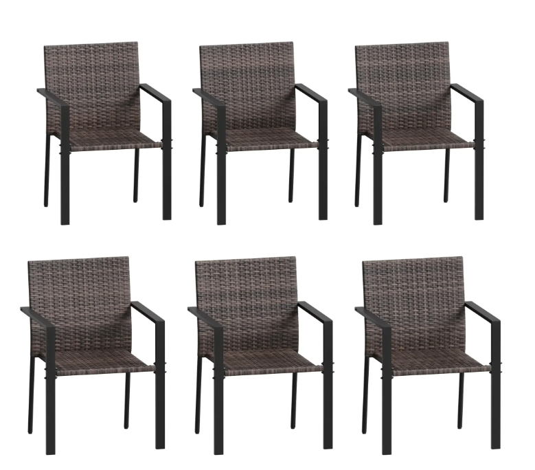 UDPATIO Patio Dining Chairs Set of 6 Stackable Outdoor Wicker Dining Chairs, All-Weather Patio Armchairs with Armrests, Rustproof Steel Frame, Ergonomic Comfort for Backyard, Deck, Garden,Brown