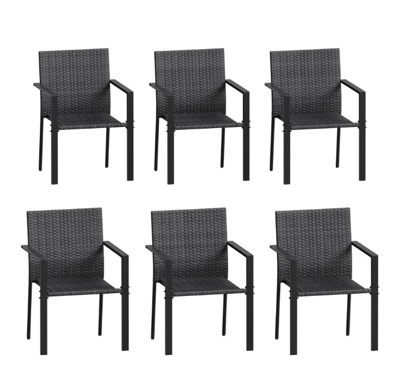 UDPATIO Patio Dining Chairs Set of 6 Stackable Outdoor Wicker Dining Chairs,All-Weather Patio Armchairs with Armrests,Rustproof Steel Frame,Ergonomic Comfort for Backyard, Deck,Garden,Black