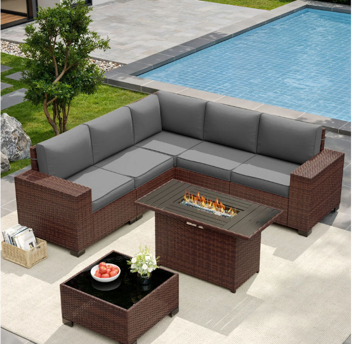 UDPATIO Patio Furniture Set with Fire Pit Table, Outdoor Patio Sofa Set With Wide Armrest, All-Weather Wicker Rattan Guest Set With Cushion And Glass Table And Waterproof Cover, Brown&Dark Gray