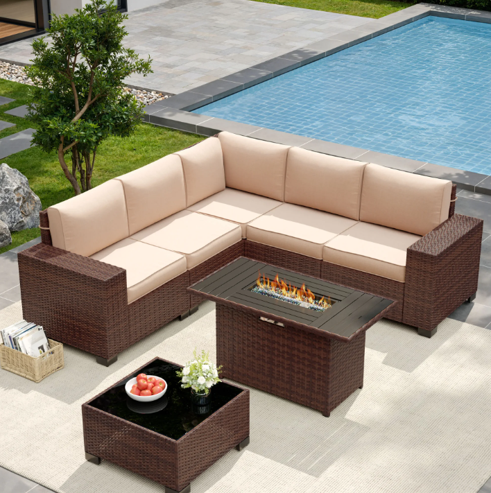 UDPATIO Patio Furniture Set with Fire Pit Table, Outdoor Patio Sofa Set With Wide Armrest, All-Weather Wicker Rattan Guest Set With Cushion And Glass Table And Waterproof Cover, Brown&Khaki