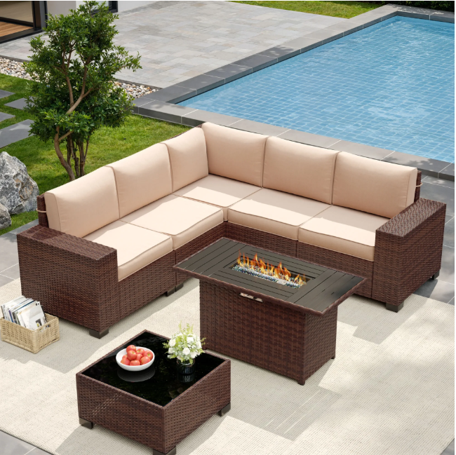UDPATIO Patio Furniture Set with Fire Pit Table, Outdoor Patio Sofa Set With Wide Armrest, All-Weather Wicker Rattan Guest Set With Cushion And Glass Table And Waterproof Cover, Brown&Khaki