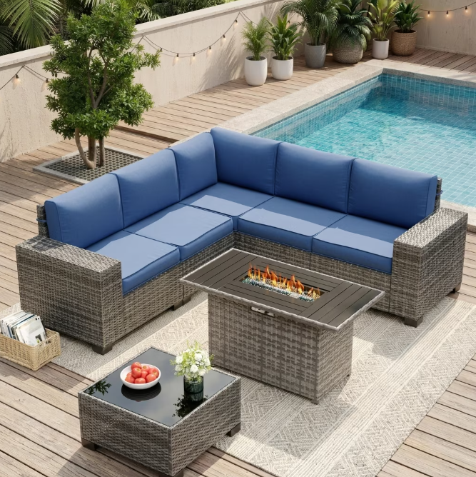UDPATIO Patio Furniture Set with Fire Pit Table, Outdoor Patio Sofa Set With Wide Armrest, All-Weather Wicker Rattan Guest Set With Cushion And Glass Table And Waterproof Cover, Grey&Navy Blue