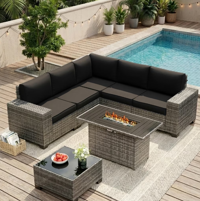 UDPATIO Patio Furniture Set with Fire Pit Table, Outdoor Patio Sofa Set With Wide Armrest, All-Weather Wicker Rattan Guest Set With Cushion And Glass Table And Waterproof Cover, Gray&Black