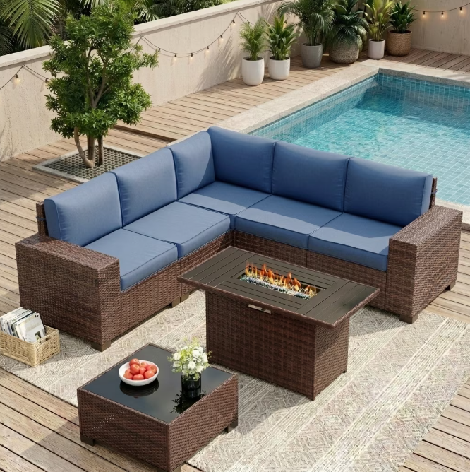 UDPATIO Patio Furniture Set with Fire Pit Table, Outdoor Patio Sofa Set With Wide Armrest, All-Weather Wicker Rattan Guest Set With Cushion And Glass Table And Waterproof Cover, Brown&Navy Blue