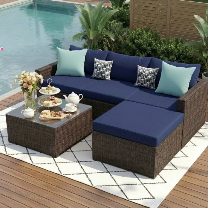 UDPATIO 5-Piece Patio Furniture Set,Outdoor Patio Furniture Set All-Weather Rattan Wicker Patio Conversation Set with Ottoman, Cushions & Glass Table for Garden & Backyard,Navy Blue