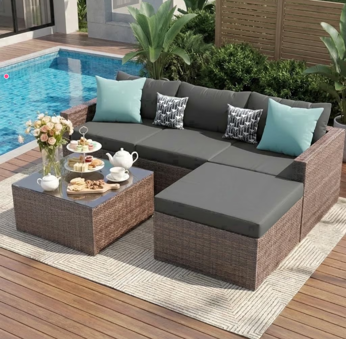 UDPATIO 5-Piece Patio Furniture Set,Outdoor Patio Furniture Set All-Weather Rattan Wicker Patio Conversation Set with Ottoman, Cushions & Glass Table for Garden & Backyard, Gray