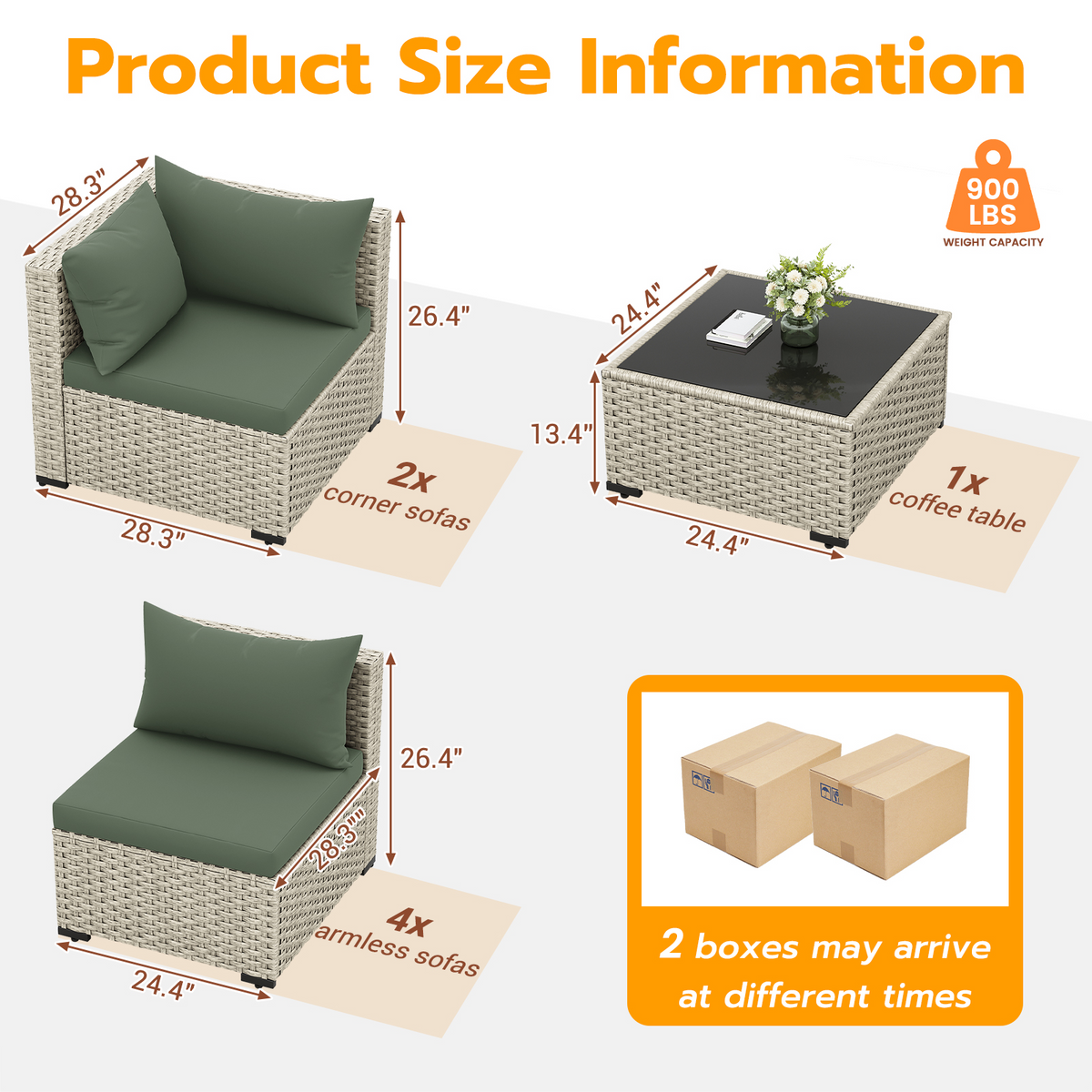 UDPATIO Outdoor Patio Furniture Set, 7 Pcs PE Wicker Sectional Sofa with Tea Table, Outdoor Conversation Set for Patio, Garden, Backyard (Green Cushions with Light Grey Rattan)
