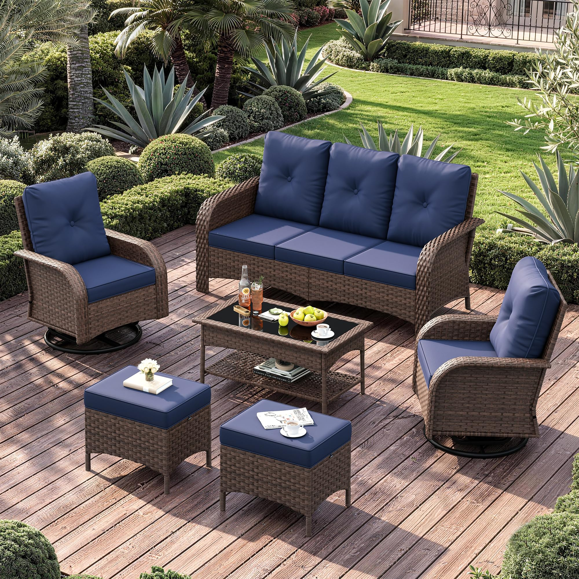 UDPATIO High Back Patio Furniture Set with 2 Swivel Rocker Chairs, Wicker outdoor Conversation Sets with Thick Cushions & Ottoman, for Garden, Porch