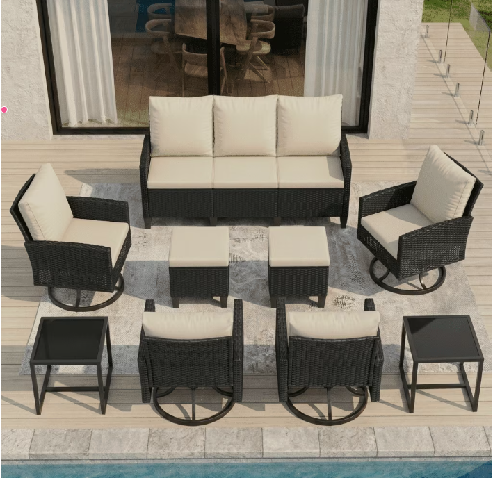 UDPATIO Outdoor Conversation Set,9 Pieces Patio Furniture Set, All-Weather Wicker Rattan Outdoor Sectional Sofa Set with Ottoman and Swivel Chairs for Poolside, Backyard，Black Wicker Beige Cushions