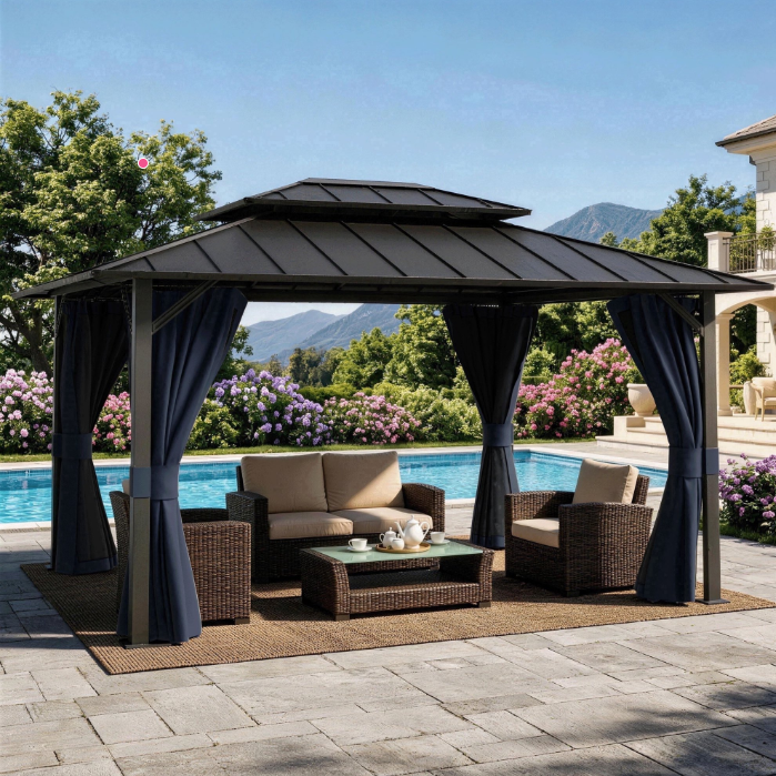 DPATIO 10'x12' Hardtop Gazebo, Galvanized Steel Double Roof, Permanent Metal Gazebo for Garden, Outdoor Dining Parties，Navy Blue