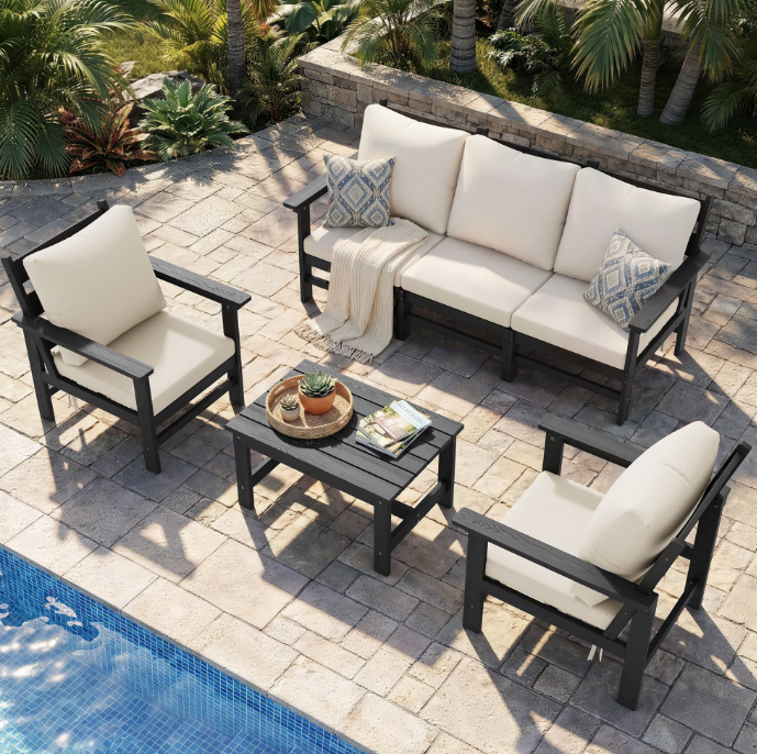 UDPATIO HDPE Patio Conversation Set, 6-Piece Sectional Outdoor Furniture Set, All-Weather Outdoor Couch Set for Deck, Lawn, Grey Frame with Beige Cushion